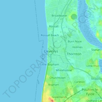 Mapa topográfico Cleveleys, altitud, relieve