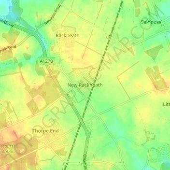Mapa topográfico New Rackheath, altitud, relieve