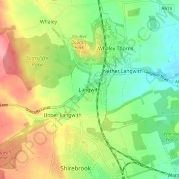 Mapa topográfico Langwith, altitud, relieve