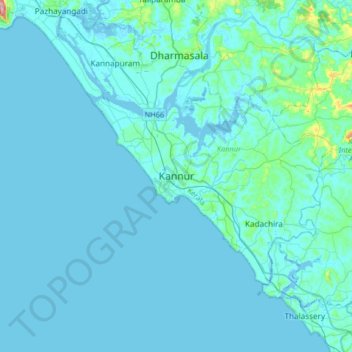 Mapa topográfico Kannur, altitud, relieve