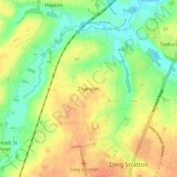 Mapa topográfico Tharston, altitud, relieve