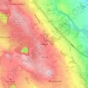 Mapa topográfico Halkyn, altitud, relieve