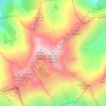 Mapa topográfico Monte Rotondo, altitud, relieve