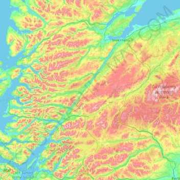 Mapa topográfico Inverness-shire, altitud, relieve
