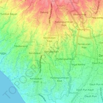 Mapa topográfico Kerobokan, altitud, relieve