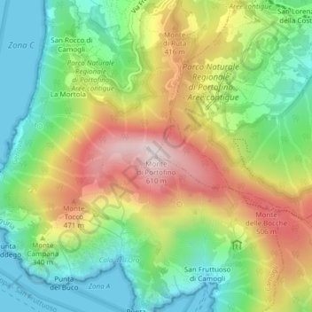 Mapa topográfico Monte di Portofino, altitud, relieve