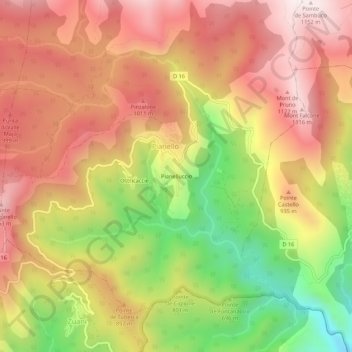 Mapa topográfico Pianelluccio, altitud, relieve