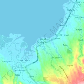 Mapa topográfico Casiguran, altitud, relieve