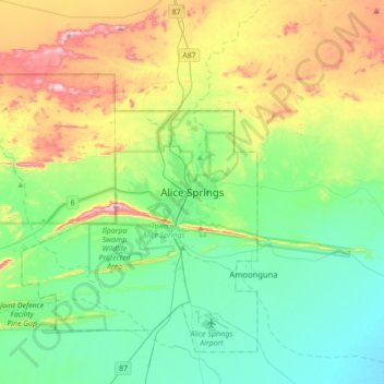 Mapa topográfico Alice Springs, altitud, relieve