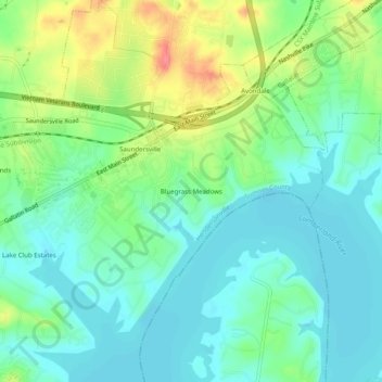 Mapa topográfico Bluegrass Meadows, altitud, relieve