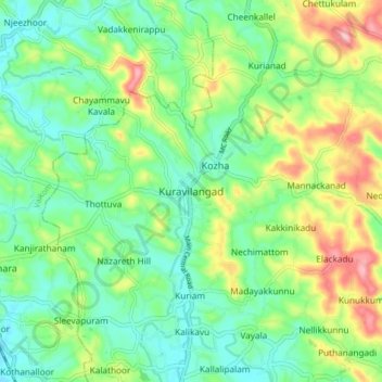 Mapa topográfico Kuravilangad, altitud, relieve