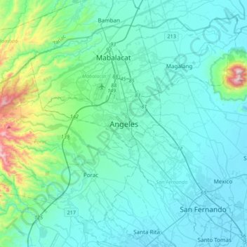 Mapa topográfico Angeles, altitud, relieve
