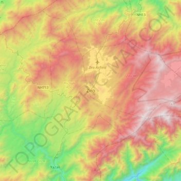 Mapa topográfico Ziro, altitud, relieve