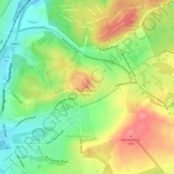 Mapa topográfico Hednesford Hills, altitud, relieve