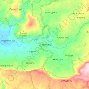 Mapa topográfico Tanggeung, altitud, relieve