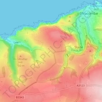 Mapa topográfico Lincombe, altitud, relieve