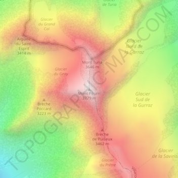 Mapa topográfico Mont Pourri, altitud, relieve
