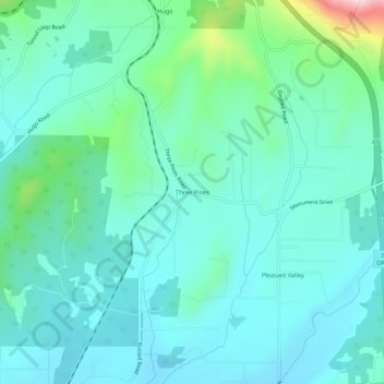 Mapa topográfico Three Pines, altitud, relieve
