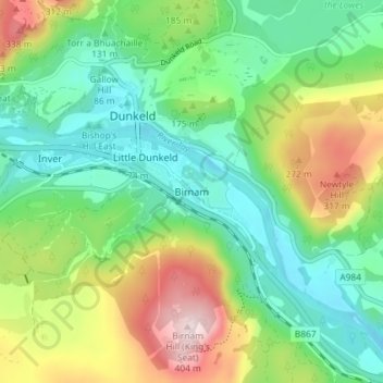 Mapa topográfico Birnam, altitud, relieve