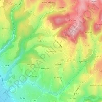 Mapa topográfico Bourbonneau, altitud, relieve