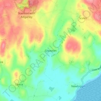 Mapa topográfico Gleaston, altitud, relieve