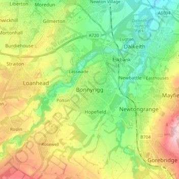 Mapa topográfico Bonnyrigg, altitud, relieve