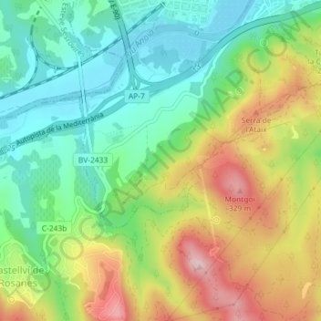 Mapa topográfico Riba Roja, altitud, relieve