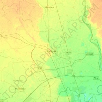 Mapa topográfico Sonipat, altitud, relieve