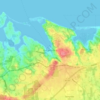 Mapa topográfico Port Jefferson, altitud, relieve