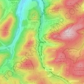 Mapa topográfico Silbach, altitud, relieve
