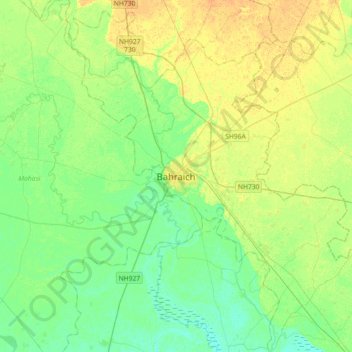 Mapa topográfico Bahraich, altitud, relieve
