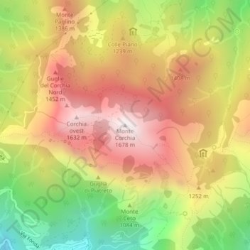 Mapa topográfico Monte Corchia, altitud, relieve