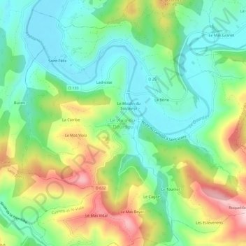 Mapa topográfico Le Viala-du-Dourdou, altitud, relieve