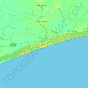 Mapa topográfico Puri, altitud, relieve