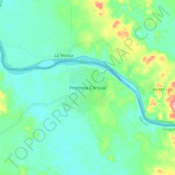 Mapa topográfico Frontera Corozal, altitud, relieve