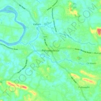 Mapa topográfico Perumbavoor, altitud, relieve