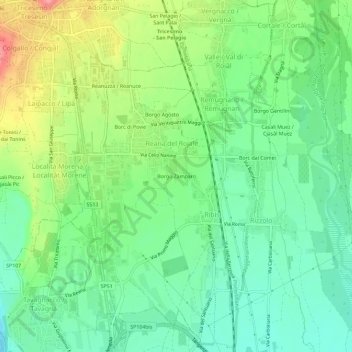 Mapa topográfico Borgo Zamparo, altitud, relieve