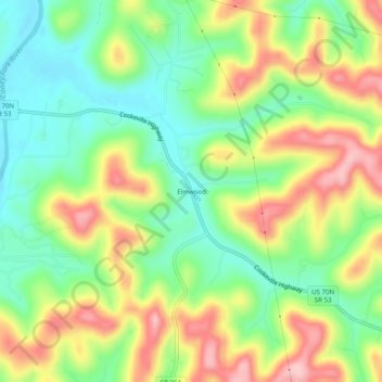 Mapa topográfico Elmwood, altitud, relieve