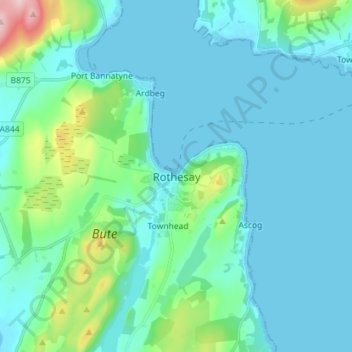 Mapa topográfico Rothesay, altitud, relieve