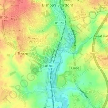 Mapa topográfico Thorley Street, altitud, relieve