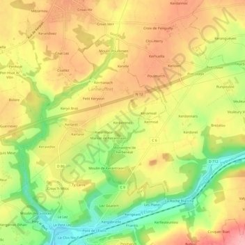 Mapa topográfico Kerberenez, altitud, relieve