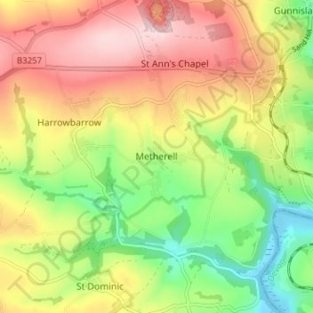 Mapa topográfico Metherell, altitud, relieve