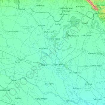 Mapa topográfico Gorakhpur, altitud, relieve