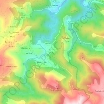 Mapa topográfico Os Niseiros, altitud, relieve