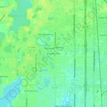 Mapa topográfico Angelina Pines, altitud, relieve