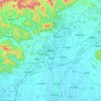 Mapa topográfico 怀柔区, altitud, relieve