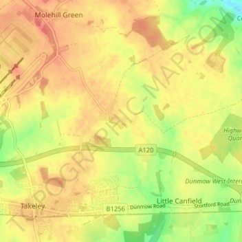 Mapa topográfico Bamber´s Green, altitud, relieve