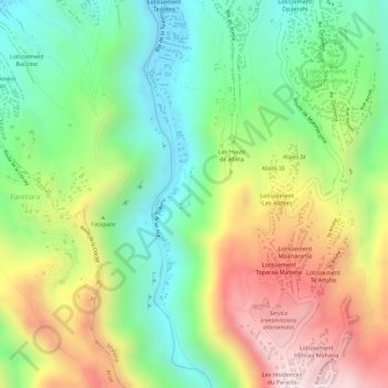 Mapa topográfico Vallée Tuauru, altitud, relieve