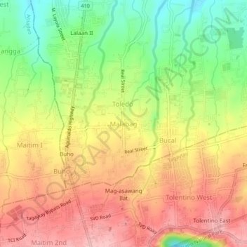 Mapa topográfico Malabag, altitud, relieve