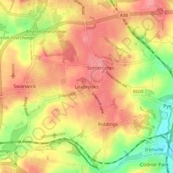 Mapa topográfico Leabrooks, altitud, relieve